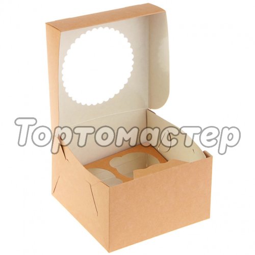 Коробка на 4 капкейка с окошком Белая/Крафт