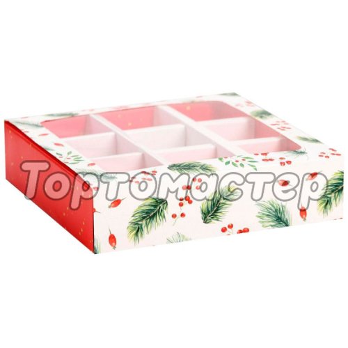 Коробка на 9 конфет с окошком Новогодняя 14,5х14,5х3,5 см 7029261