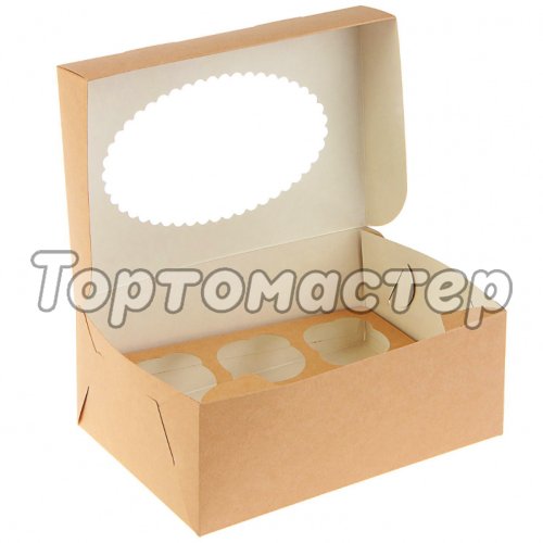 Коробка на 6 капкейков с окошком Белая/Крафт