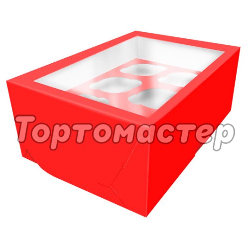Коробка на 6 капкейков с окошком Красная 25х17х10 см