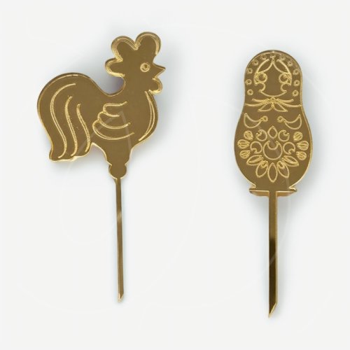 Набор топперов декоративных акриловых "Петушок и матрёшка" Золото 4х9 см 2 шт 