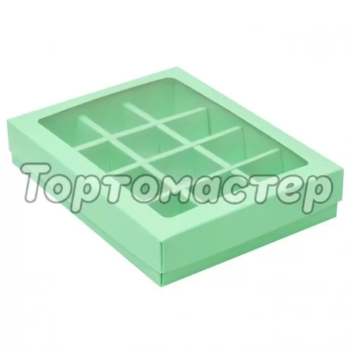 Коробка на 12 конфет с окном зелёная 19х15х3,6 см КУ-175 