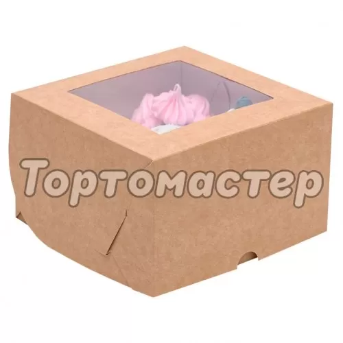 Коробка на 4 капкейка с окном крафт 16х16х10 см КУ-075