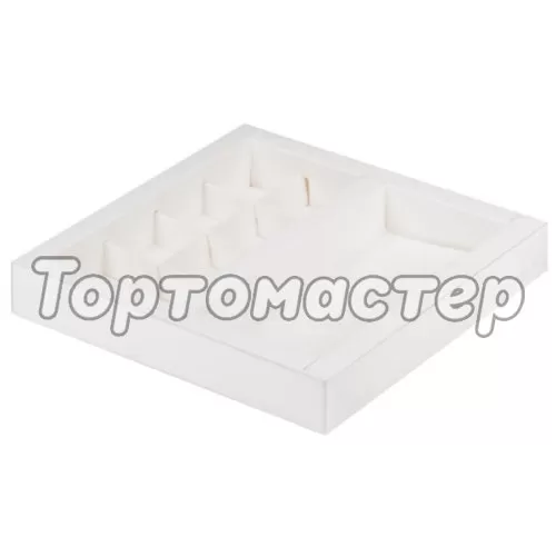 Коробка на 8 конфет и шоколадную плитку с прозрачной крышкой белая 20х20х3 см 050380